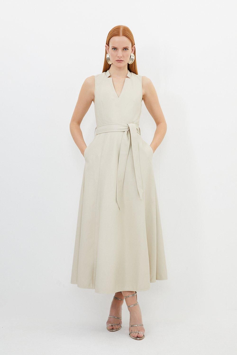 Faux Leather Notch Neck Belted Full Skirt Maxi Dress | Karen Millen US
