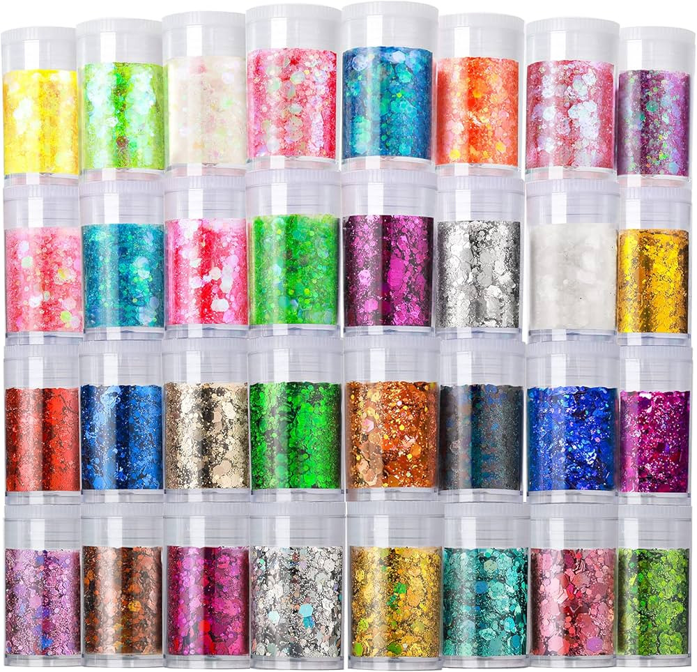 LEOBRO Glitter, Holographic Chunky Glitter, Set of 32 Colors, Craft Glitter for Resin, Chunky Gli... | Amazon (US)