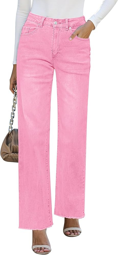 GRAPENT Straight Leg Jeans for Women High Waisted Stretchy Frayed Raw Hem Loose Denim Pants Casua... | Amazon (US)