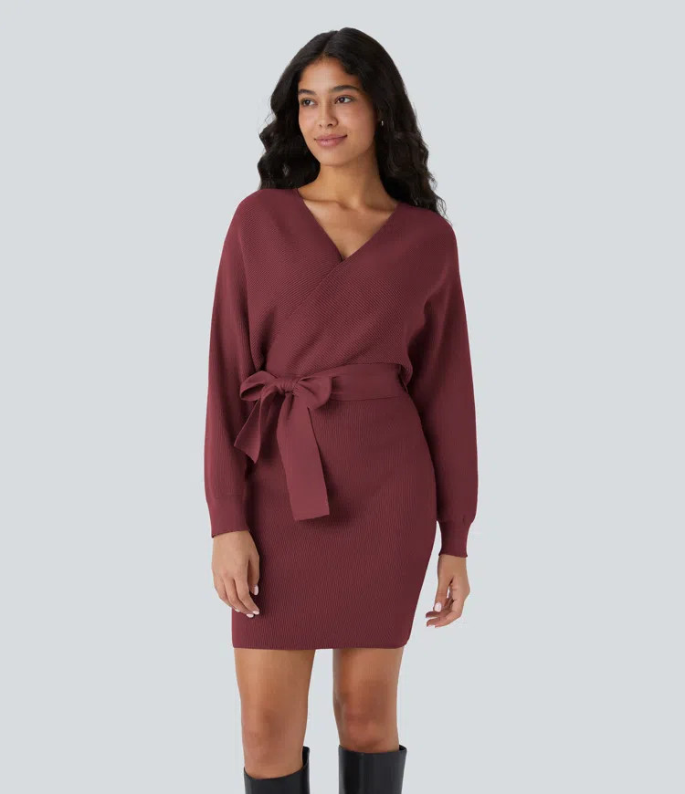 Women’s Crossover V Neck  Batwing Long Sleeve Belted Mini Casual Sweater Dress - Halara | HALARA