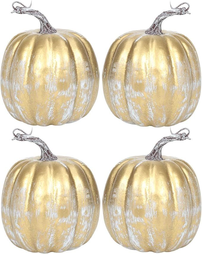 6 Inch Mid Gold Plastic Pumpkins for Decorating - 4PCS Mid Large Decorative Foam Pumpkins for Fal... | Amazon (US)