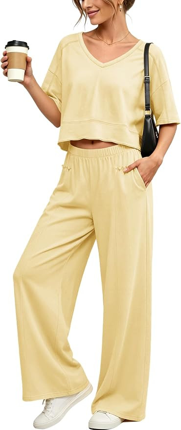 Panadila Women's 2 Piece Lounge Set V Neck Crop Top Wide Leg Pants | Amazon (US)