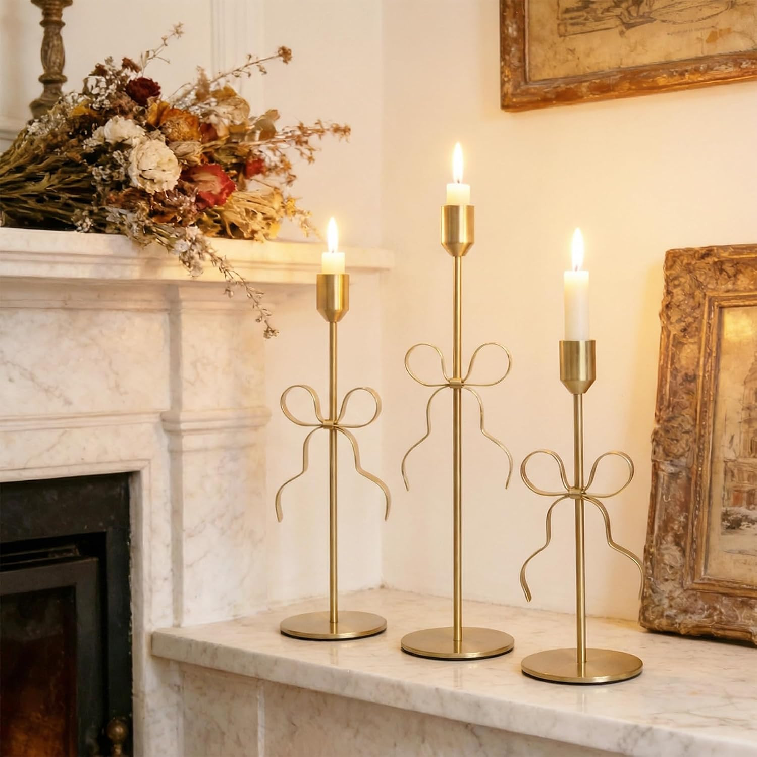 Bow Candle Holder - Bow Candlestick Holder Set of 3 Metal Gold, Modern Decorative Taper Candle Holder for Centerpiece Wedding Dining Table Holiday Housewarming Gift (Gold) | Amazon (US)