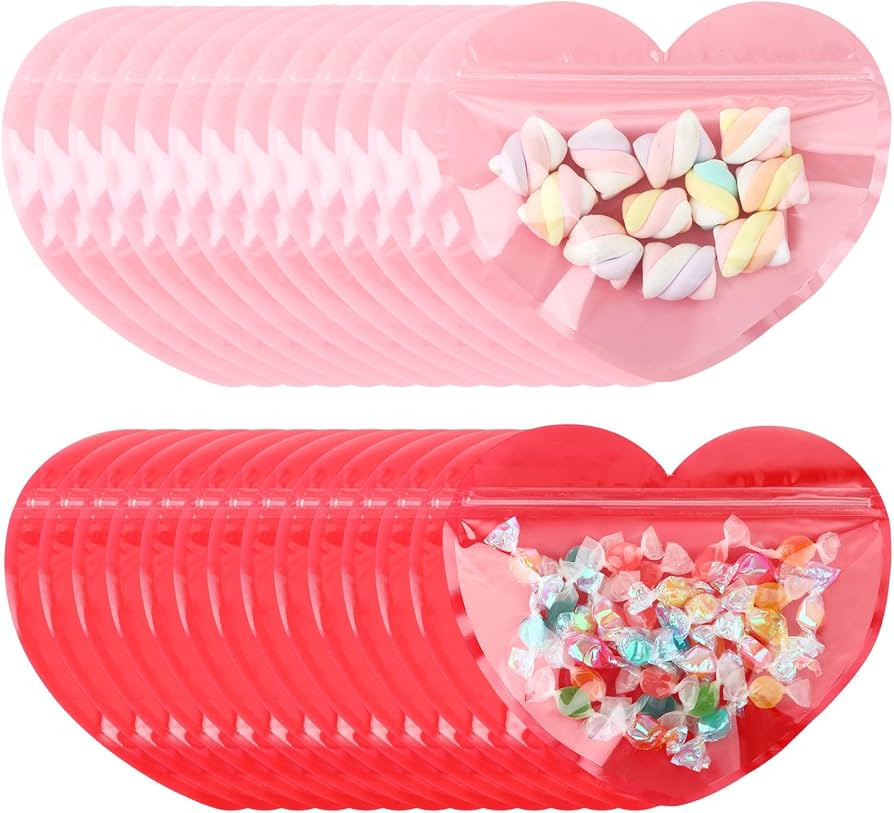 Yexiya 50 Pcs Large Valentine Gift Bags 5 x 6 Inch Heart Shaped Treat Bags Valentine Clear Cellop... | Amazon (US)