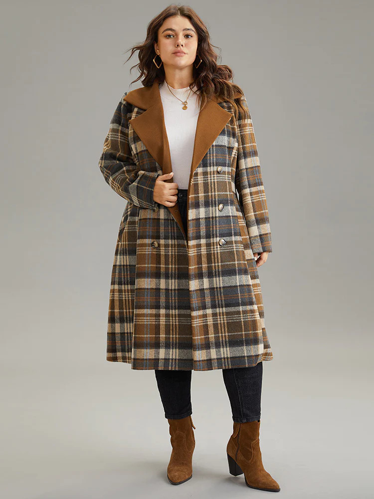 Plaid Belted Contrast Lapel Collar Trench Coat | Bloomchic
