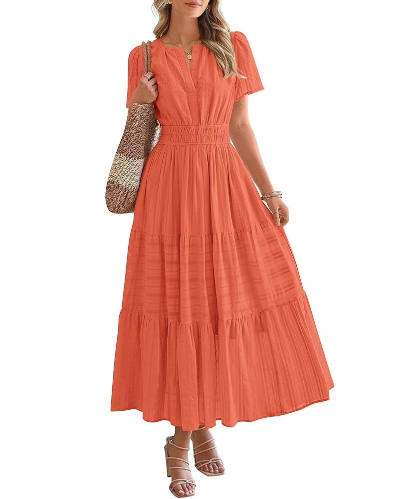 BTFBM Womens Summer 2025 Casual Midi Maxi Dresses Lightweight Short Sleeve V Neck Elastic Waist B... | Amazon (US)