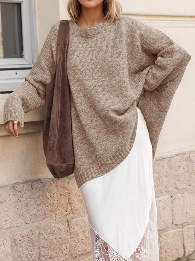 Saodimallsu Womens Oversized Tunic Sweaters Crew Neck Long Sleeve Fall Casual Slouchy Knit Pullov... | Amazon (US)