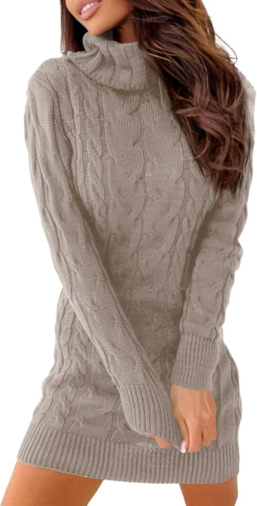 Langwyqu Womens Cable Knit Sweater Dress Sexy Long Sleeve Bodycon Turtleneck Mini Fall Sweaters D... | Amazon (US)