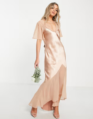 Topshop bridesmaid mixed fabric angel sleeve dress in blush | ASOS (Global)