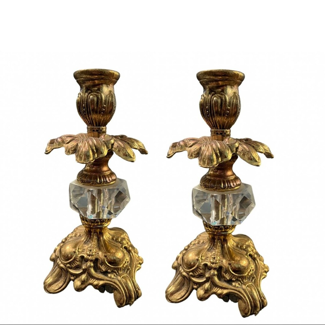 Vintage 60s Pair of Hollywood Glam Beautiful Solid Brass and Glass Candlesticks - Etsy | Etsy (US)