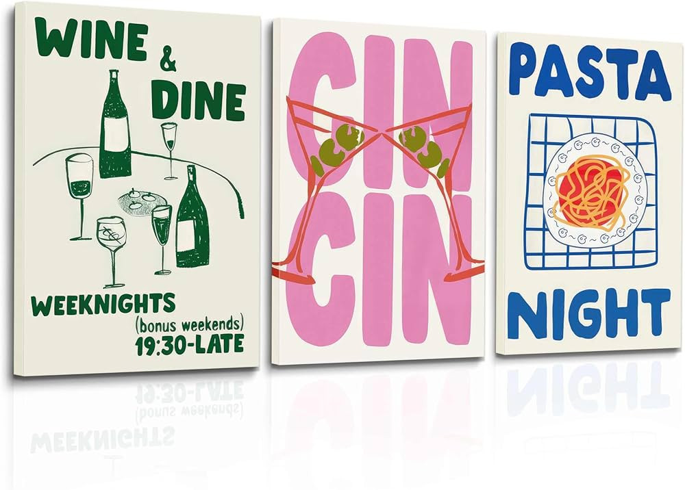 Set of 3 Prints Trendy Cin Cin Cheers Posters Vintage Wine Dine Club Wall Art Mid Century Modern ... | Amazon (US)