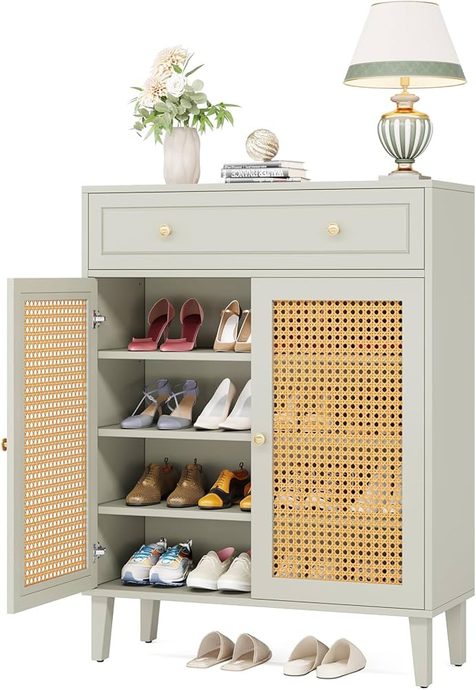 Tribesigns Shoe Cabinet with Doors and Drawer, Modern Shoe Storage Cabinet for Entryway, Rattan S... | Amazon (US)