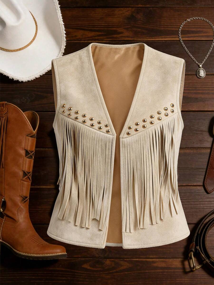 EMERY ROSE Women Summer Suede Fringe Studded Boho Casual Jacket,Beige Autumn Country Western Conc... | SHEIN