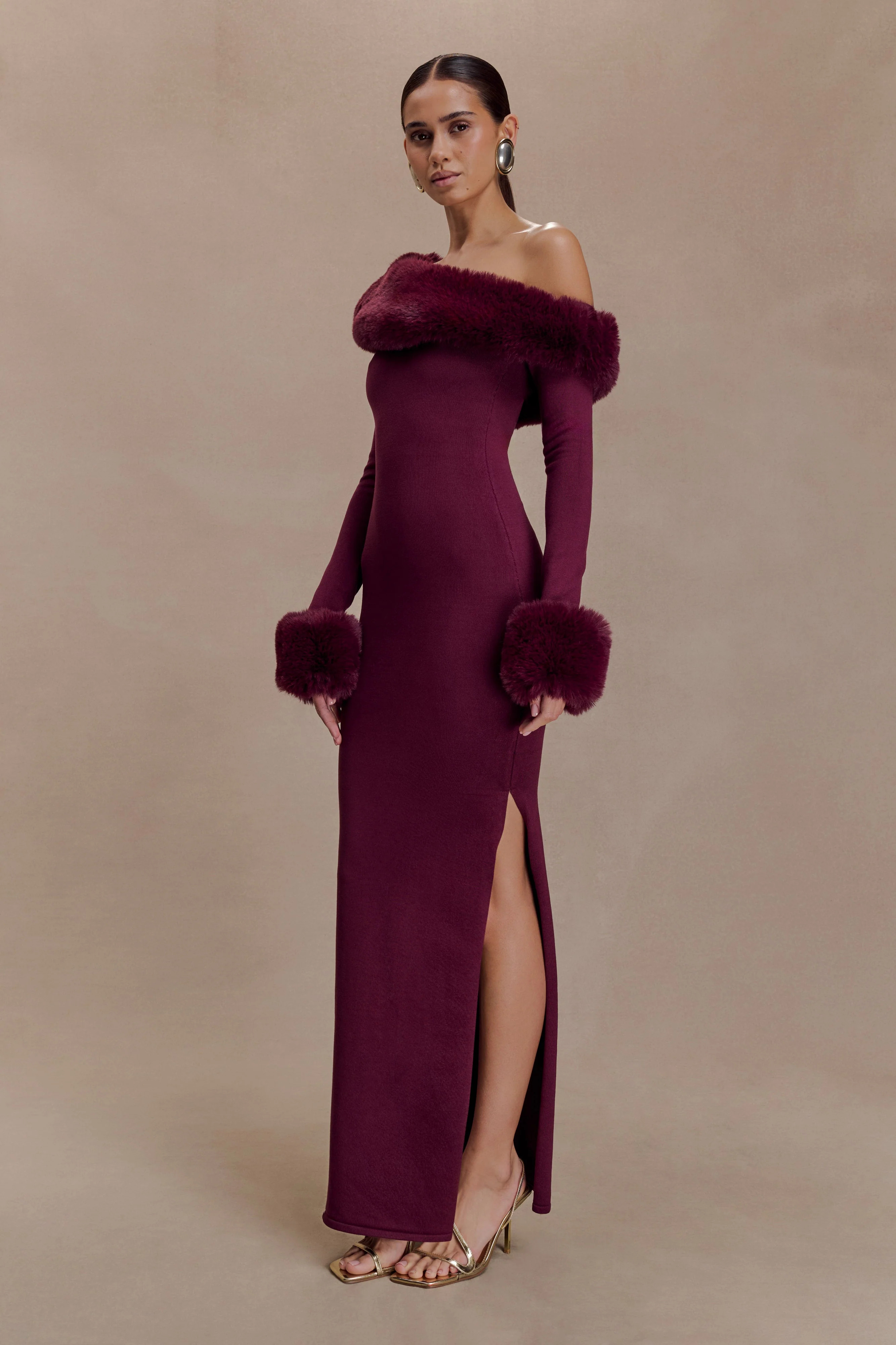 Karleigh Faux Fur Knit Maxi Dress - Plum | MESHKI US