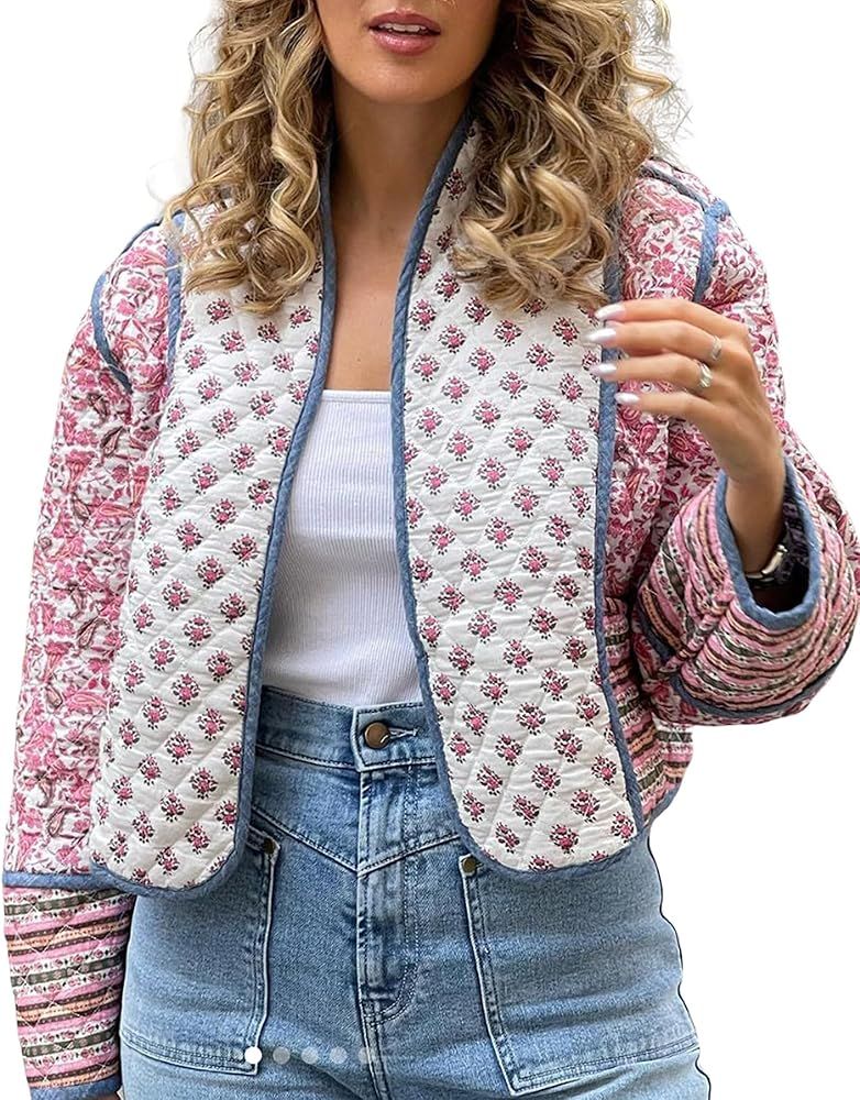 Fylovery Women's Short Puffer Jacket Floral Print Stand Collar Open Front Quilted Coat Fall Winte... | Amazon (UK)