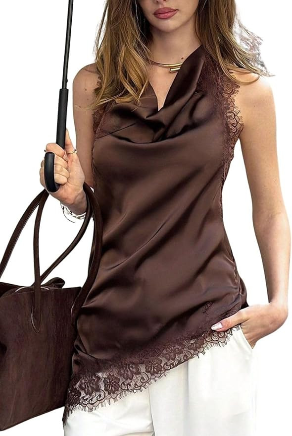 Verdusa Women's Lace Asymmetrical Halter Tops Satin Flowy Cowl Neck High Low Top Going Out Outfit... | Amazon (US)