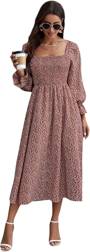 Floerns Women's Boho Floral Print Square Neck Flounce Sleeve A Line Long Dress | Amazon (US)