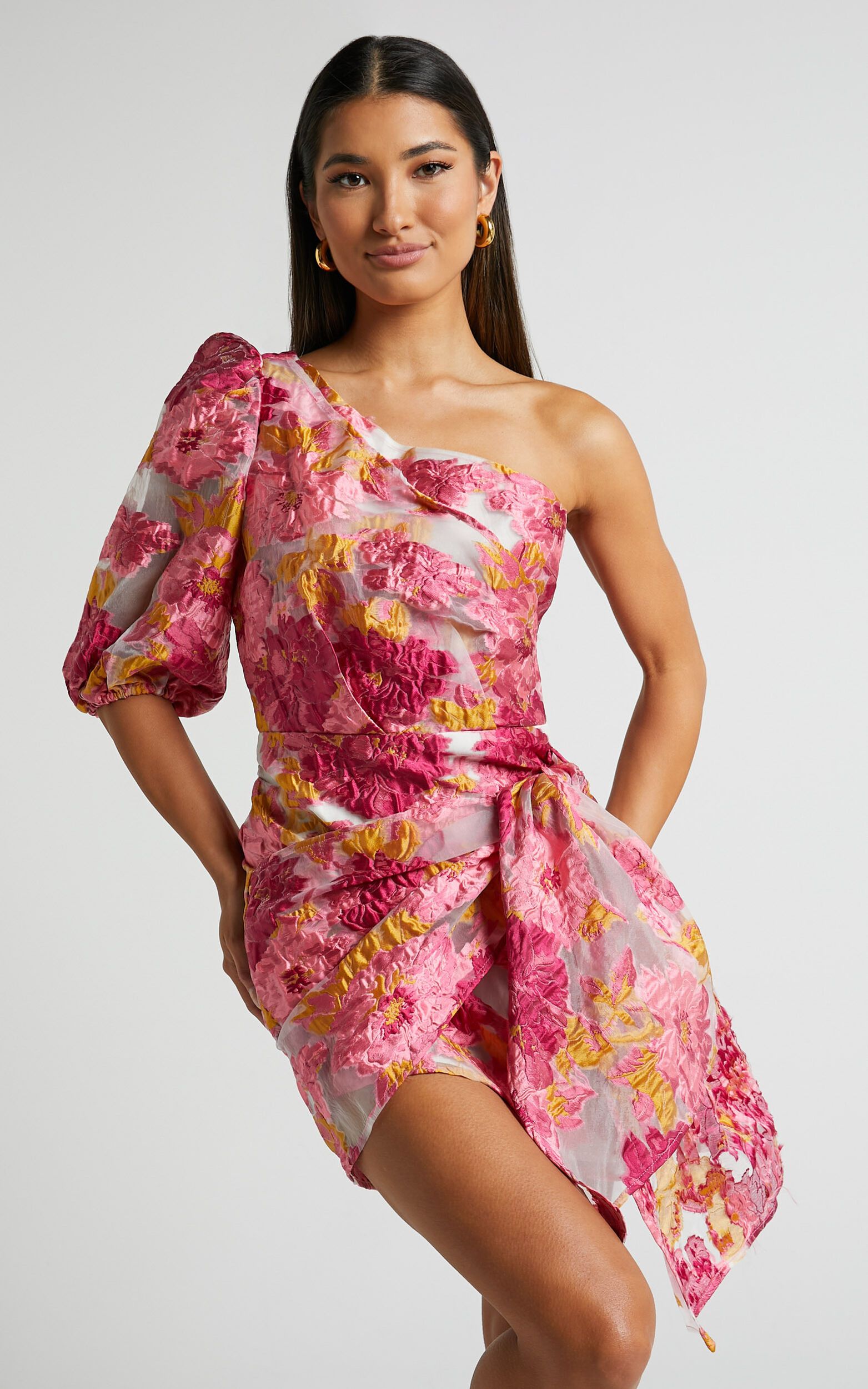 Brailey Mini Dress - One Shoulder Puff Sleeve Dress in Pink Jacquard | Showpo (US, UK & Europe)