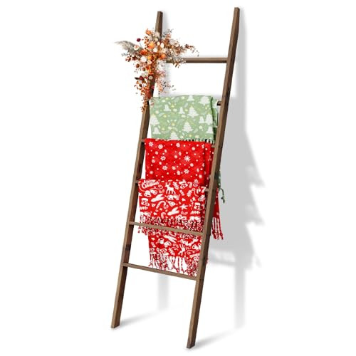 Acacia Wood 6-Tier Blanket Ladder, 5.7FT(66.5'') Blanket Quilt Towel Holder Rack Decorative Ladder Wooden, Easy Assembly, Rustic Farmhouse Ladder Shelf for The Living Room Bedroom Bathroom Home Decor | Amazon (US)