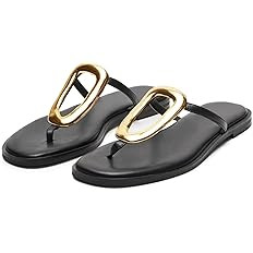 Flip-Flops for Women Thong Sandals Flat Black Slip on Slides Leather Beach Comfort Open Square To... | Amazon (US)