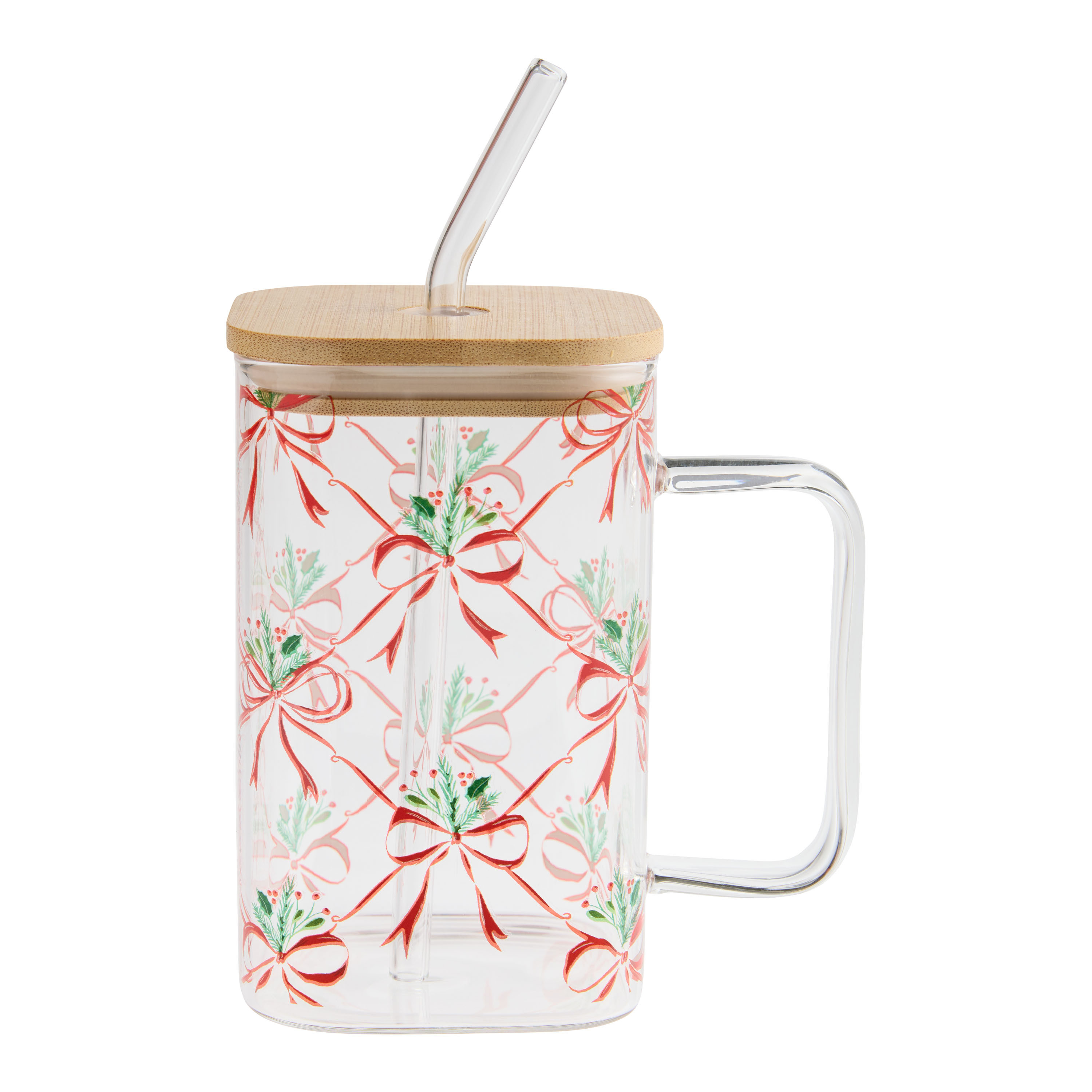 Square Glass Bow and Holly To Go Tumbler with Straw | World Market