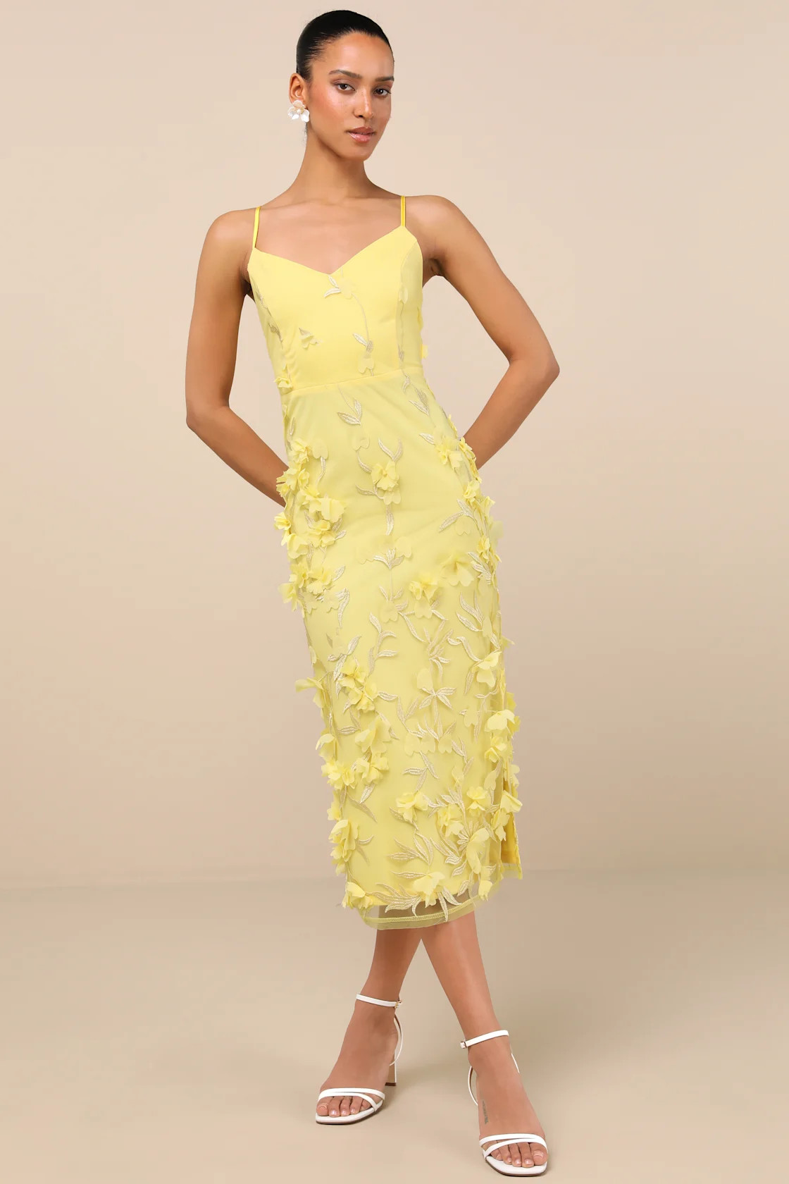 Limitless Adoration Yellow 3D Floral Embroidered Midi Dress | Lulus