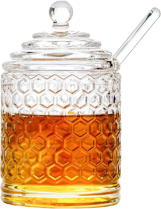 Glass Honey Jar with Lid and Dipper, Honeycomb-Inspired Design Container, Heavy Honey Pot for Hom... | Amazon (US)