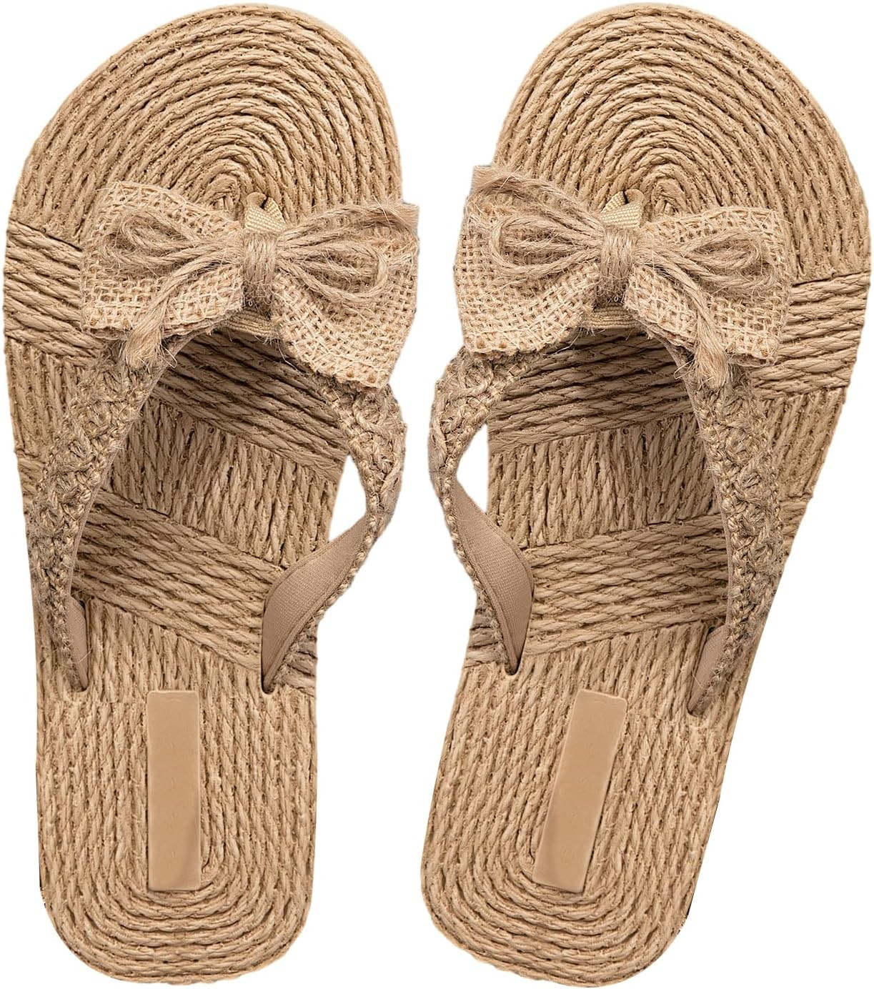 OYOANGLE Women's Solid Bow Decor Slide Sandals Summer Beach Shoes Toe Post Flat Sandals Open Toe ... | Amazon (US)