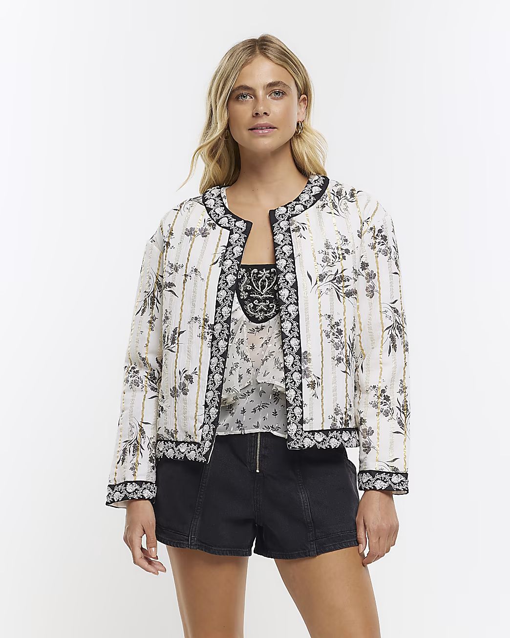Cream quilted floral jacket | River Island (US)