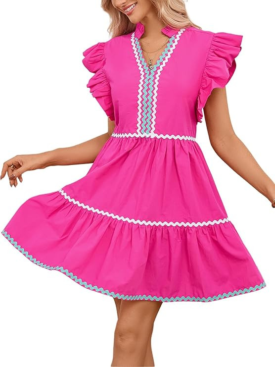 LifeShe Women's Summer Mini Dress V Neck Flutter Sleeve Babydoll Dresses Striped Ruffle A Line Be... | Amazon (US)