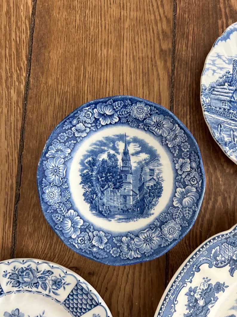 Set of 9 Mismatched Blue Transferware Plates, Cottage Decor, Vintage Wall Art | Etsy (US)
