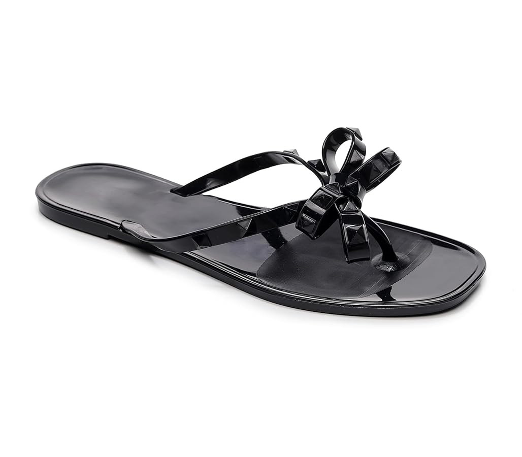Womens Studded Sandals Flat Jelly Shoes Bow Flip Flops Thong for Ladies Black Size 7 Stud Slip On... | Amazon (US)