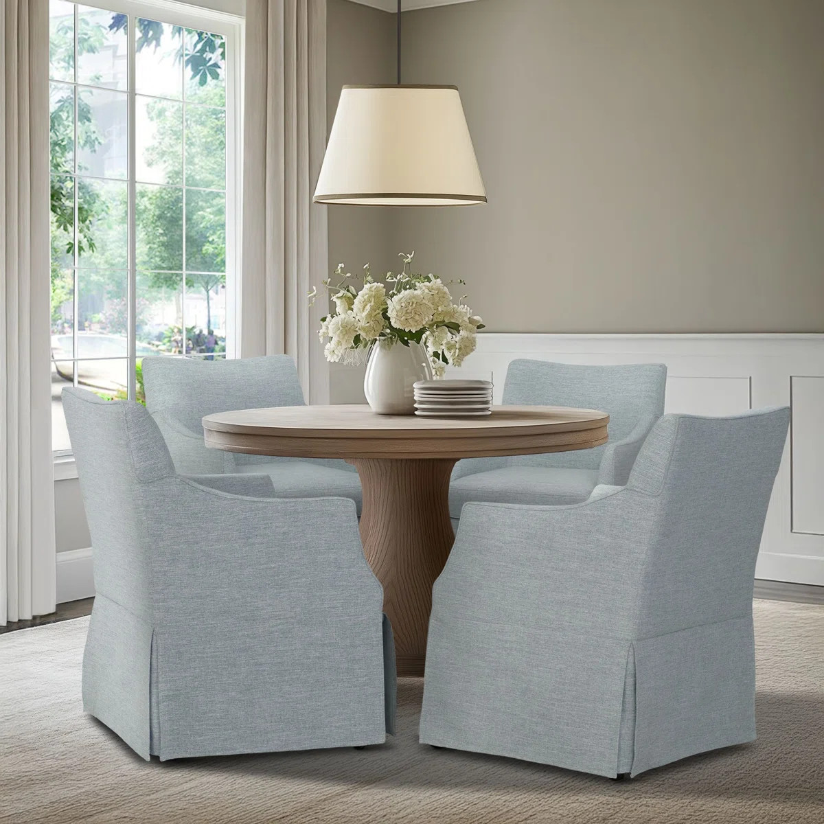 Bedford London Upholstered Skirted Dining Arm Chair with Hidden Casters | Wayfair North America