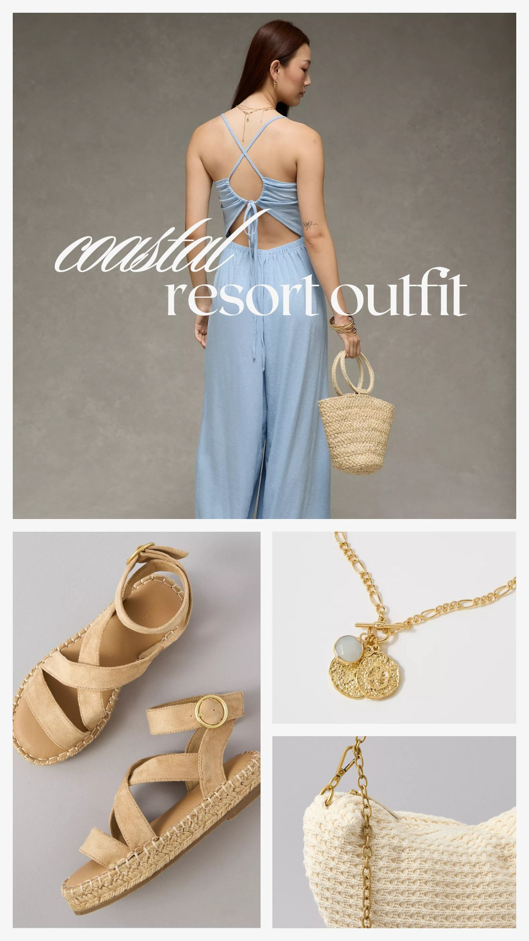 Coastal resort outfit dreams 🌊✨

This light blue jumpsuit paired with woven sandals, woven bag, and gold jewelry is the perfect vacation outfit for beach trips, resort stays, tropical getaways, and summer travel. 

 #LTKCyberWeek #LTKSaleAlert #LTKTravel