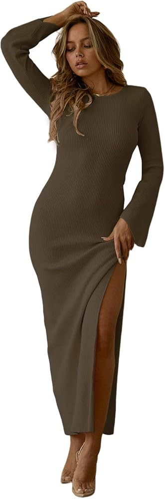 Ekaliy Womens Long Sleeve Ribbed Bodycon Dress High Slit Bodycon Long Maxi Dress Backless Dress | Amazon (US)