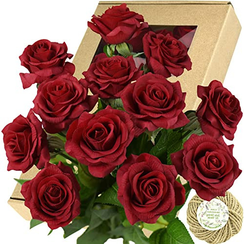 FiveSeasonStuff Fake Roses Wedding Flowers Real Touch Silk Red Artificial Flowers 12 Stems | Amazon (US)