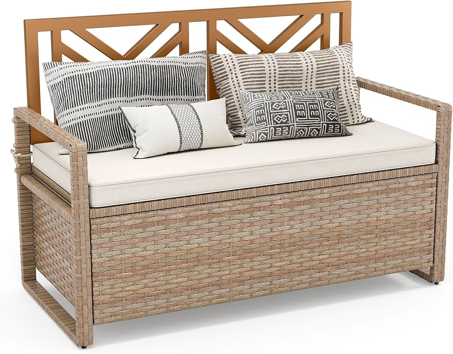 Amazon.com : YITAHOME 70 Gallon Outdoor Storage Bench, All-Weather PE Rattan Deck Box Bench, Stor... | Amazon (US)