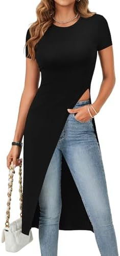 Vrtige Women's Asymmetrical Hem Short Sleeve Crewneck Split Slit Long Shirt Tee Top | Amazon (US)