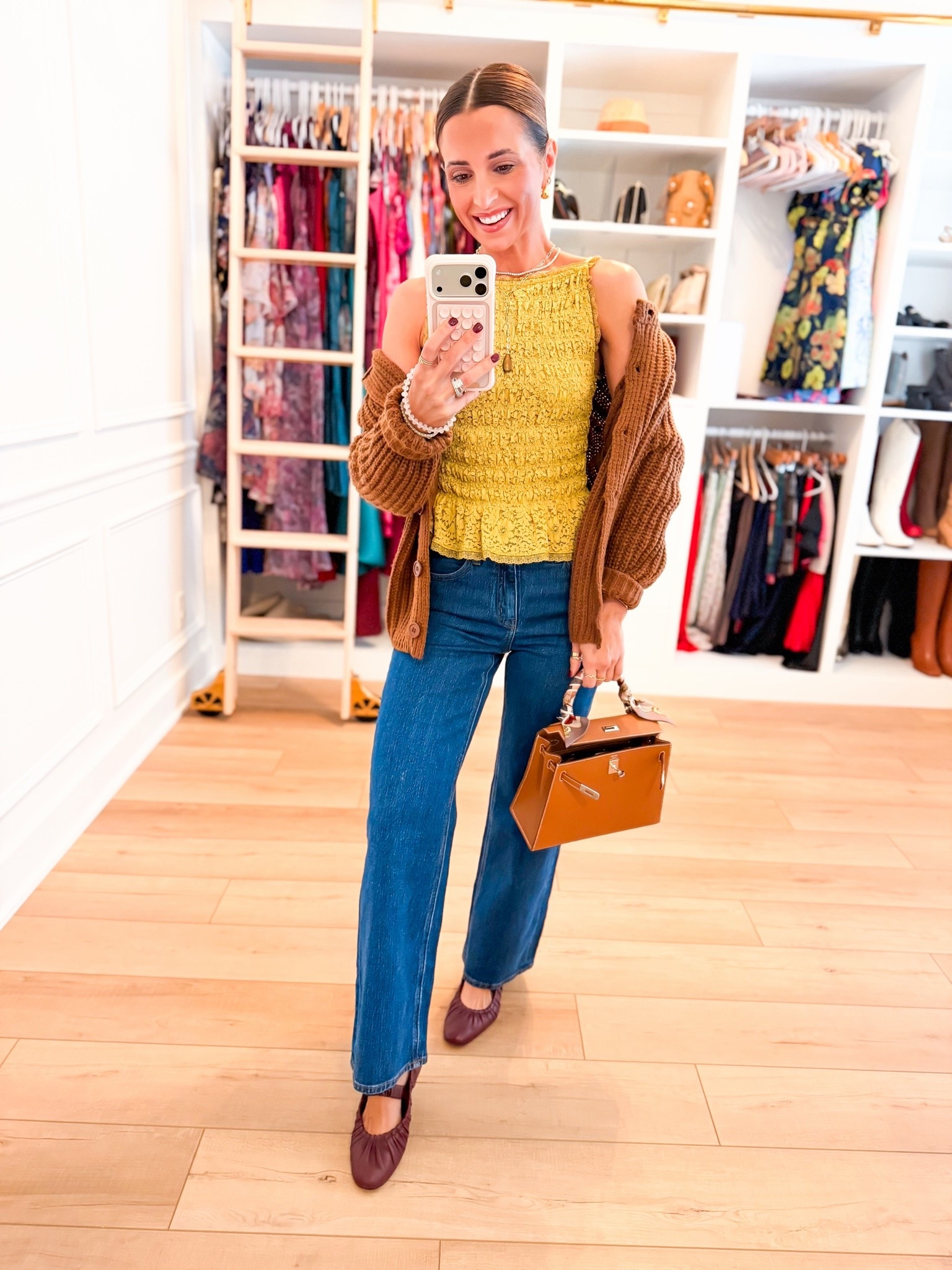 My elevated casual outfit of the day! Fall outfit. Fall style. Mom outfit. Relaxed straight leg jeans in 24 short. Chunky knit cardigan in XS. Lace peplum top in XXS. Burgundy ballet flats are TTS.