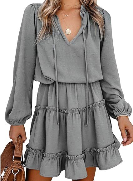 AILUNSNIKA Womens Summer V Neck Short Ruffles Casual Mini Dress Long Sleeve Tiered Tunic Dresses | Amazon (CA)