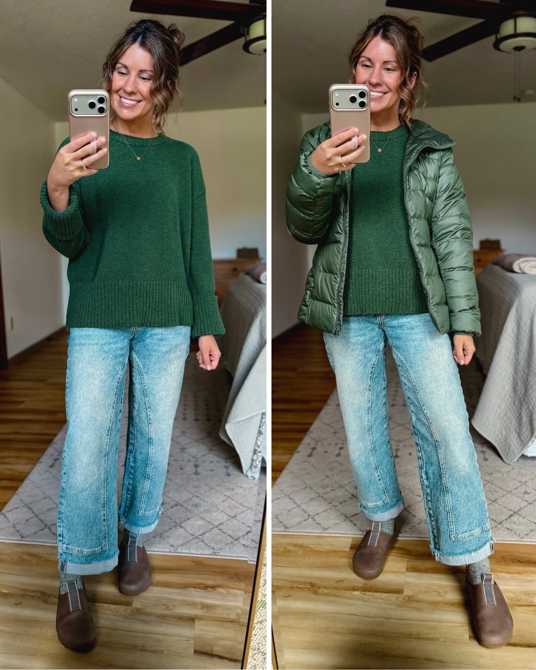 A cozy sweater and jeans look! Perfect for cool fall days🌲 petite friendly!

Love this puffer coat! I have the hoodless one too. My color is from last year but other colors are available 

 Small in my coat, Xs in my sweater, 24 in my jeans (mine are short but they don’t come in short anymore—they have a raw hem so I think they’d be easily cut off!) , and 6 in my clogs!
