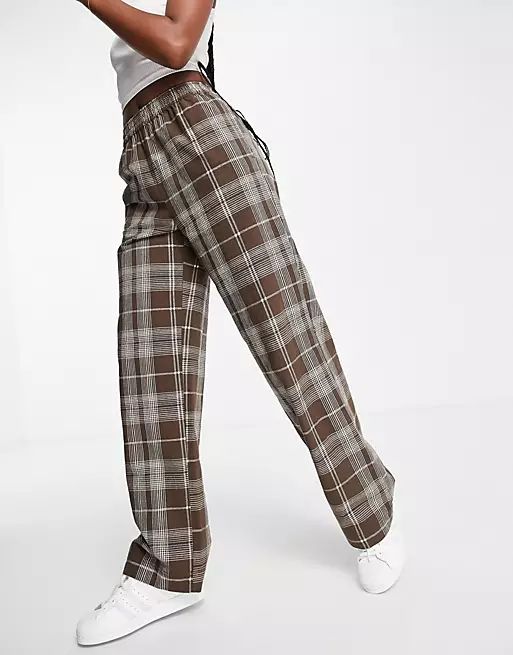 ASOS DESIGN pull on pants with hammer loop in brown check | ASOS (Global)