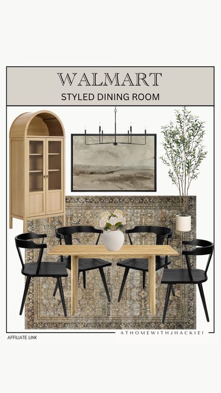 Walmart dining room, Walmart styled space, Walmart space, arched cabinet, faux greenery, faux tree, framed wall art, black chairs, wooden table, loloi rug, neutral rug, styled dining room, centerpiece, styled space. 

#LTKFindsUnder100 #LTKStyleTip #LTKHome