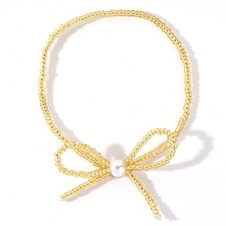 1pc Bohemian Yellow Pearl Handcrafted Bracelet With A Bow And A Large Pearl Bracelet In The Middl... | SHEIN