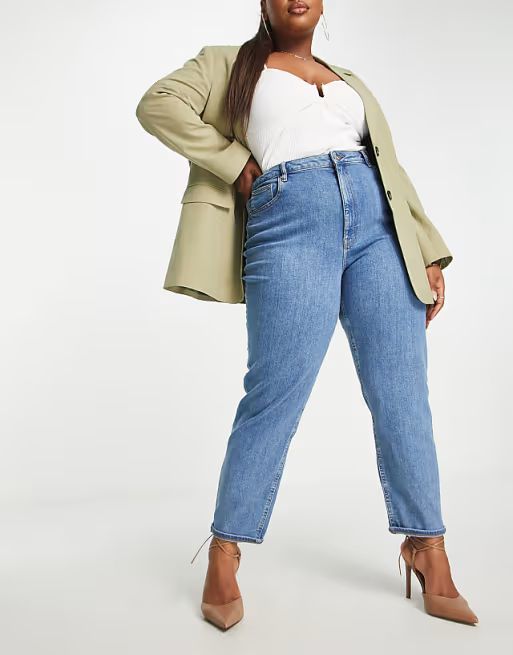 ASOS DESIGN Curve - Farleigh - Smalle mom jeans met hoge taille in midwash | ASOS (Global)