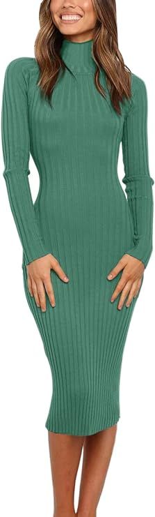 MEROKEETY Women's Ribbed Long Sleeve Sweater Dress High Neck Slim Fit Knitted Midi Dress, DustyGr... | Amazon (US)