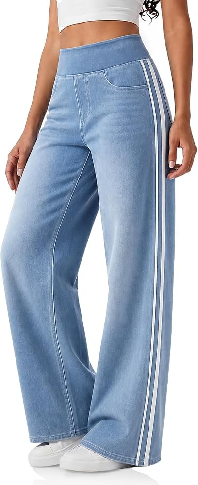Cicy Bell Womens Pull On Jeans Wide Leg Stretchy Side Striped Denim Pants | Amazon (US)