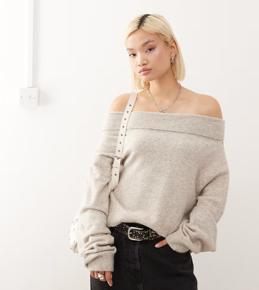 Weekday slouchy off the shoulder sweater in heathered beige - exclusive to ASOS-Neutral | ASOS (Global)
