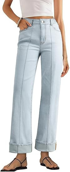 Sidefeel Women's Wide Leg Cuffed Jeans High Waisted Baggy Stretchy Denim Pants with Pockets | Amazon (US)