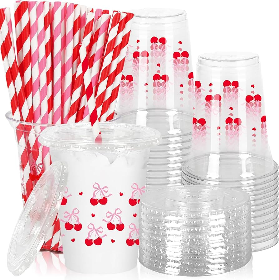 50Pcs Cherry Bow Plastic Cups with Lids and Straws Red Pink Bow Cherry Heart Clear Plastic Cups 1... | Amazon (US)